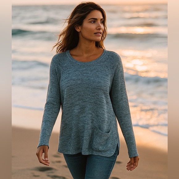 J.Jill Blue Crew Neck Linen Blend Pure Jill Pullover Sweater Size LP Coastal - Picture 1 of 8
